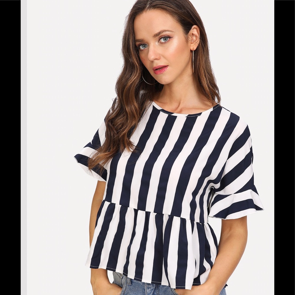 Flounce Sleeve Striped Blouse